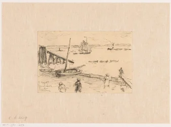Blick auf die Elbe bei Altona, mit Fischerbooten und Badegästen