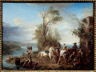 Jagd, Wäscherinnen und Schwimmen am Flussufer