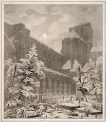 Kirche und Friedhof im Schnee bei Mondlicht