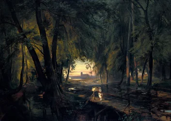 Waldweg mit Blick auf eine Kirche / Waldweg bei Spandau