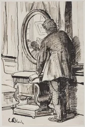 Ein junger Mann betrachtet drei Frauen in einem Spiegel