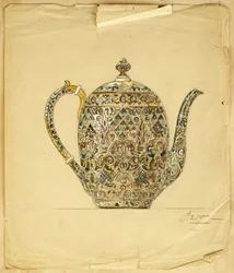 Entwurf für eine ovale silbervergoldete Cloisonné-Emaille-Kaffeekanne, Haus Carl Fabergé