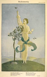 Zeichnung zum Gedicht "Vorsommertag": Eine Frau, die nach einem Schmetterling greift