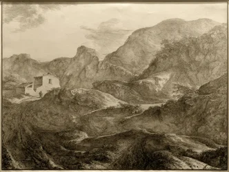 Gebirgslandschaft, links ein Haus mit einem Wanderer davor