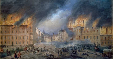 Schlacht an der Sternbarrikade in Jägerzeile am 28. Oktober 1848, Revolution in Wien, Feuer in der Stadt, Gemälde von Carl Goebel (1824-1899), Österreich