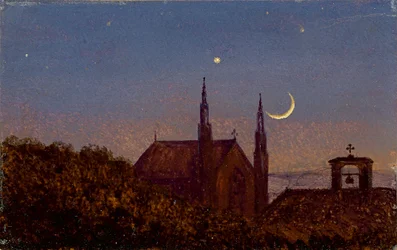 Gotische Kirche über Baumwipfeln bei Mondenschein (Kleine Mondscheinlandschaft mit Kirchlein)