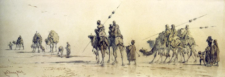 Eine Karawane von Beduinen nähert sich einem Brunnen in der Wüste, 1868
