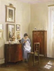 Innenraum mit nähender Dame, ca. 1910