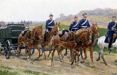 Versorgungskolonne der deutschen Armee auf dem Marsch (Farblithografie)