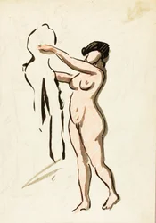 Stehender weiblicher Akt mit Drapierung