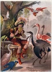 Papageno mit einer Panflöte bringt die Vögel aus dem Wald. Illustration von Carl Offterdinger in „Die Zauberflöte“. Private Sammlung