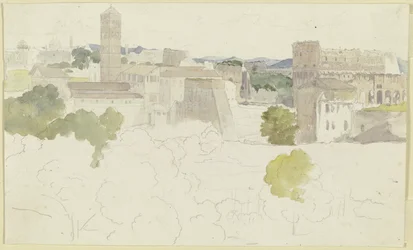 Blick über Rom mit dem Colosseum rechts, in der Ferne Gebirge