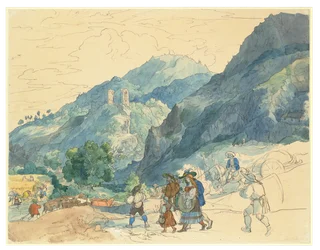 Landschaft bei Innsbruck mit den Ruinen von Fragenstein und Landvolk, das nach Hause zurückkehrt und auf den Feldern arbeitet