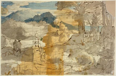 Landschaft bei Rocca Canterano mit einer Frau mit Kindern, Hirten und Pilgern