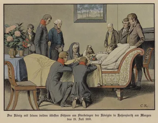 König Friedrich Wilhelm III. von Preußen und seine beiden ältesten Söhne am Sterbebett von Königin Luise am Morgen des 19. Juli 1810
