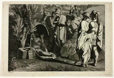Diogenes in seiner Tonne mit Alexander und seinen Generälen