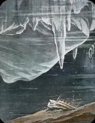 Die Jungfernfahrt der Titanic 1912, Titanic-Katastrophe, Illustration, das Sinken der Titanic, handkolorierte Glasplatte
