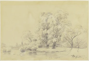 Landschaft mit Bäumen am Wasser, in der Ferne der Turm einer Dorfkirche