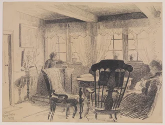 Hjarup Pfarrhaus. Zimmer mit zwei nähenden Damen