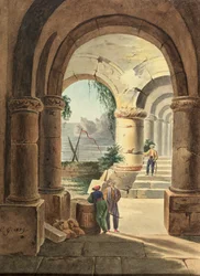 Blick auf das Meer durch ein Kloster, 1829