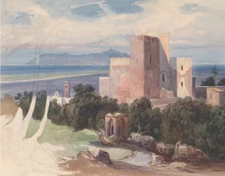 Blick auf Terracina mit dem Monte Circeo, Mitte des 19. Jahrhunderts