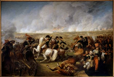 Kaiser Napoleon I. (1769-1821) in der Schlacht von Wagram am 5.07.1809. Rechts helfen zwei Soldaten General Joseph Marie Dessaix (1764-1834), der während der Schlacht verwundet wurde.