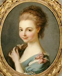 Ein Mädchen in einem blauen Kleid mit einem rosa Band