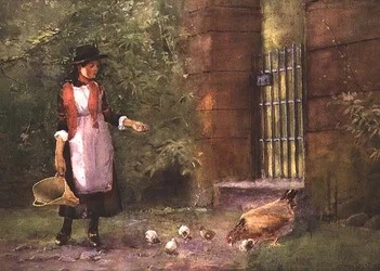 Mädchen füttert Hühner