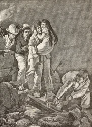 Ein Mädchen wird nach dem Einsturz ihres Hauses gerettet, Erdbeben von Casamicciola, Italien, Gravur nach einer Zeichnung von E. Sanesi und einem Gemälde von Carlo Ademollo, aus L