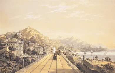Frontispiz aus "Ansichten der Eisenbahn zwischen Turin und Genua", 1853