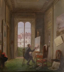 Der Maler Giuseppe Canella bei der Arbeit an einer Leinwand in seinem Atelier, um 1830