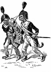 Illustration von Pinocchio von Carlo Chiostri (1863-1939), einem der ersten italienischen Illustratoren von Collodis Werk. Zwei Hunde, als Gendarmen verkleidet, nehmen die Holzpuppe fest.