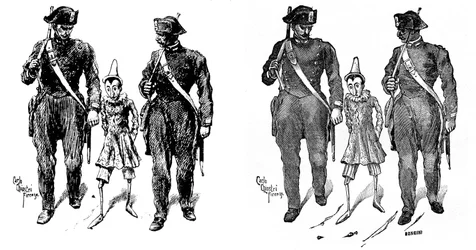 Pinocchio von Carlo Chiostri, zwei Gendarmen nehmen die Holzpuppe