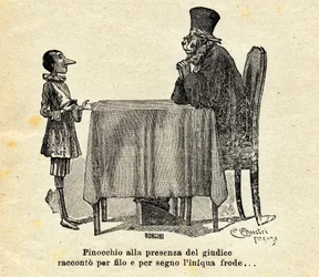 Pinocchio vor dem Richter. Illustration von Carlo Chiostri für den Roman "Die Abenteuer des Pinocchio" von Carlo Collodi