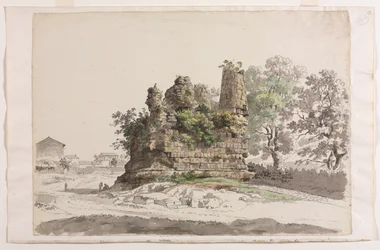 Das sogenannte Grabmal der Curiatii-Brüder in Albano, mit der Kirche Madonna della Stella im Hintergrund links