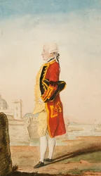 Oberst Morrison möglicherweise in der Uniform der Royal Engineers, eine befestigte Stadt im Hintergrund, 1768