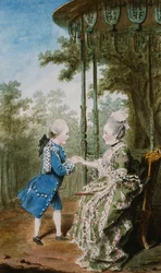 Die Prinzessin von Salm mit ihrem Sohn, dem Prinzen von Salm, an einem chinesischen Pavillon