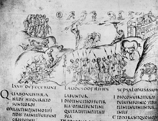Illustration verschiedener Szenen aus einem der Psalmen, aus dem Utrechter Psalter, Kopie des Originals aus Reims, jetzt in der Universitätsbibliothek Utrecht