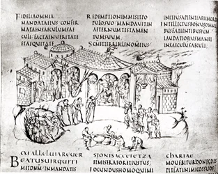 Verschiedene Szenen, die einen Psalm illustrieren, aus dem Utrechter Psalter, Kopie des Originals aus Reims, jetzt in der Universitätsbibliothek Utrecht