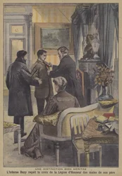 Eine wohlverdiente Ehre: der Praktikant Bazy erhält das Kreuz der Ehrenlegion von seinem Vater