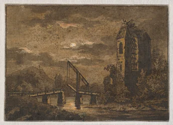 Landschaft mit Klappbrücke und Ruine im Mondschein