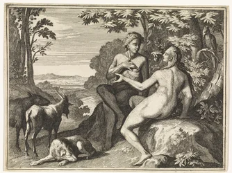 Adam und Eva umgeben von Tieren im Paradies