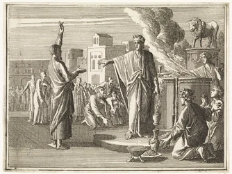 Der Gottesmann aus Juda prophezeit gegen den Altar, auf dem Jerobeam den Kalbdienst ausübt