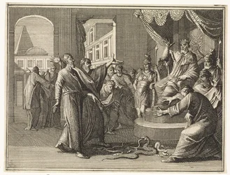 Der in eine Schlange verwandelte Stab des Moses verschlingt die Stäbe der ägyptischen Zauberer