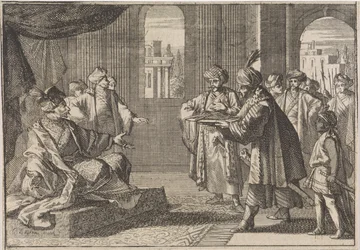 Guei-tschun, erster Minister unter Kaiser Chongzhen, wird ein Seidentuch gebracht, um sich zu erhängen, 1643