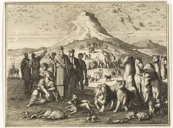 Noah, seine Familie und die Tiere verlassen die Arche