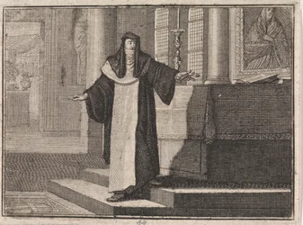 Eine Nonne legt einen Schlüssel auf einen Altar vor einem Marienbild