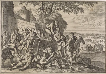 Spanische Soldaten werden auf Karren geladen und weggeführt, 1641