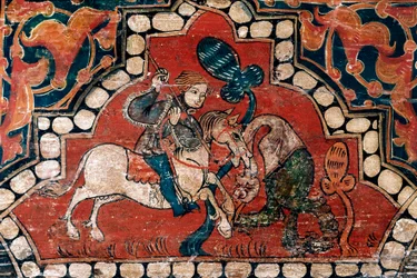 Kampf eines Reiters gegen einen Drachen