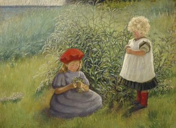 Zwei Mädchen pflücken Blumen